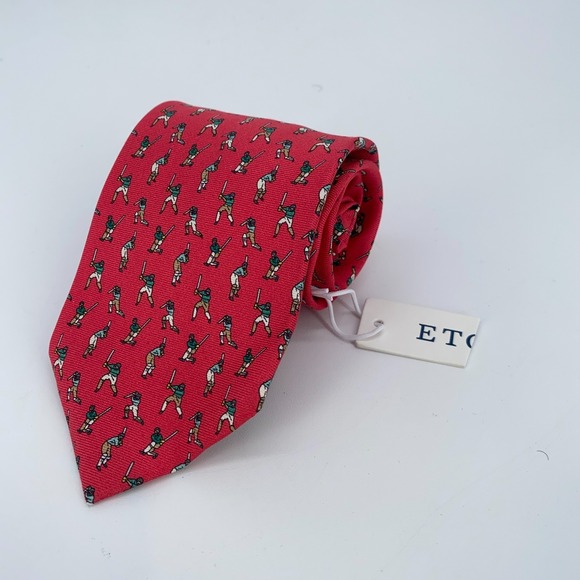 Eton Tie Mens One Size Red Cricket Print Silk‎ Classic Fit Necktie Italy Made